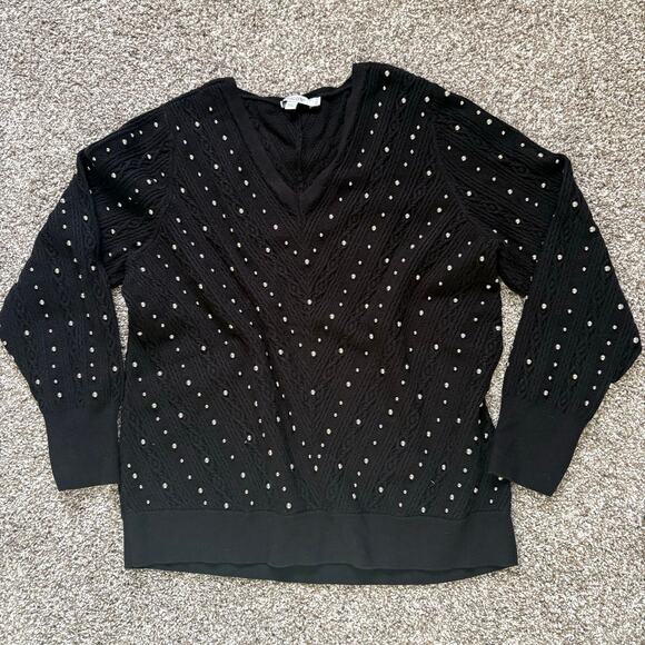 Sweaters - Chico’s Gold Studded Black Cable Knit Sweater Women’s XL Black V-Neck Rock Glam